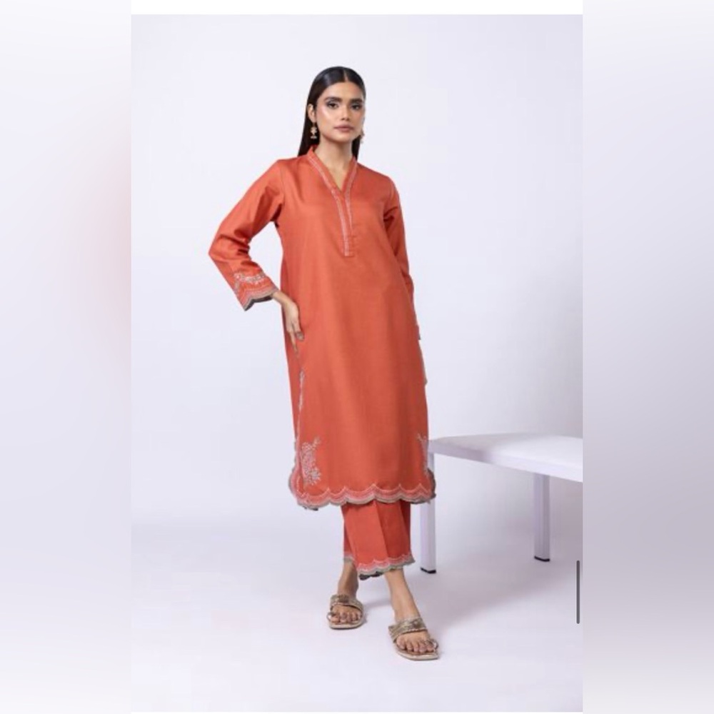 New Unopened Khaadi Orange Embroidered Kurta and Trouser